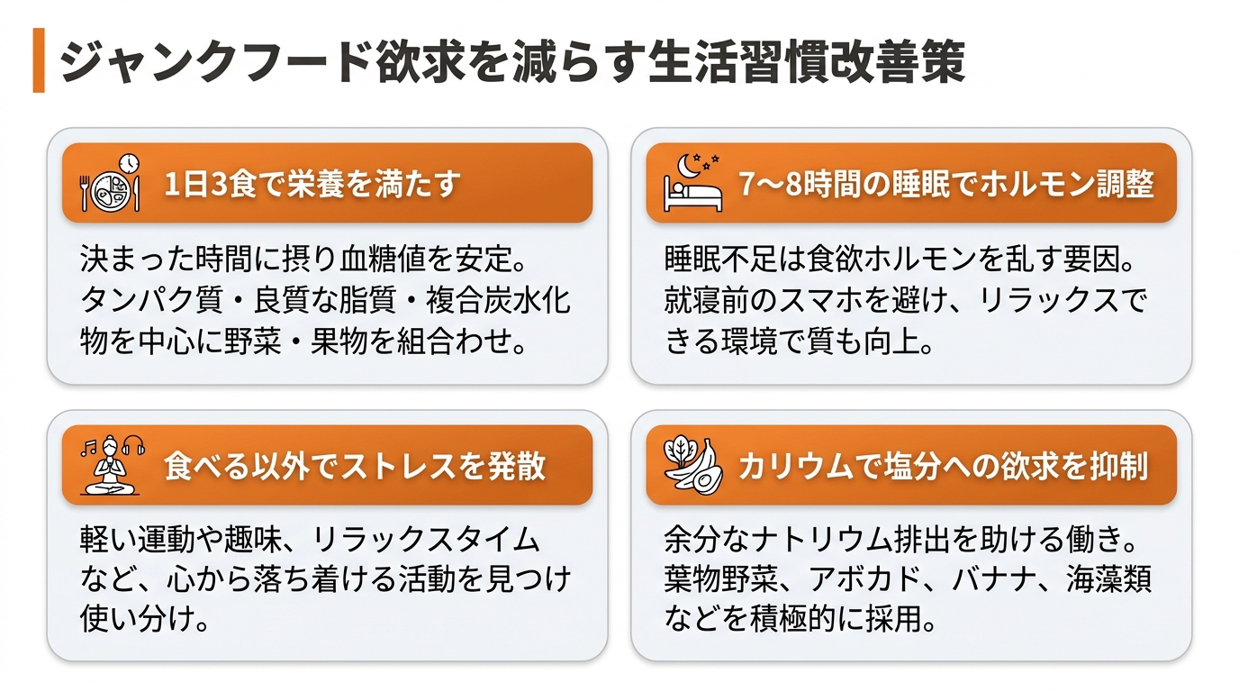 ジャンクフードへの欲求を減らすための生活習慣改善策